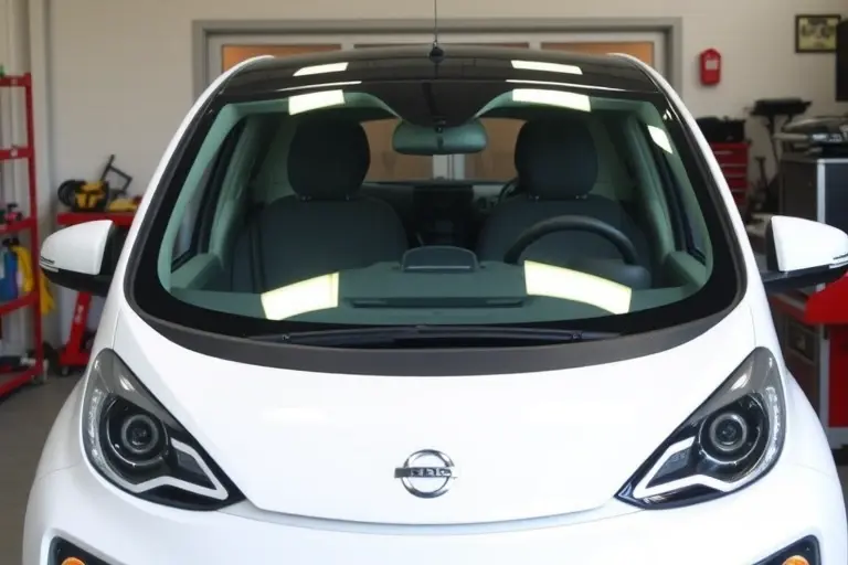 A mechanic in a workshop replacing the windshield of an Ora Ballet Cat electric car, showing the front of the car with the old windshield removed and a new one being installed, with tools and a clean, modern garage background.