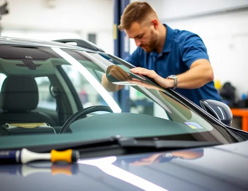 A car windshield replacement service being performed. Focus on a mechanic working on a car windshield, tools visible, clean garage environment.
