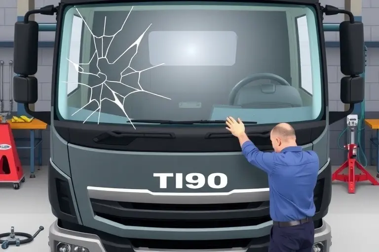 A realistic illustration of a mechanic replacing the windshield on a 2021 Maxus T90 2.0 Turbo diesel truck. The scene shows the truck’s front end with the old cracked windshield being removed, a new clear windshield being installed, and tools such as a suction cup, a windshield removal kit, and a cleaning cloth. The background is a garage setting with a workbench, a car jack, and a safety harness. The focus is on the windshield and the mechanic’s hands, with the truck’s front bumper and grille visible. No text or numbers should appear in the image.
