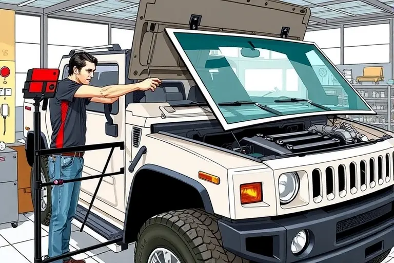 A detailed illustration of a mechanic replacing the windshield on a Hummer H1 6.2 V8 diesel 150 hp, showing the open hood, the old windshield being removed, the new windshield being installed, with tools and parts visible, in a workshop setting