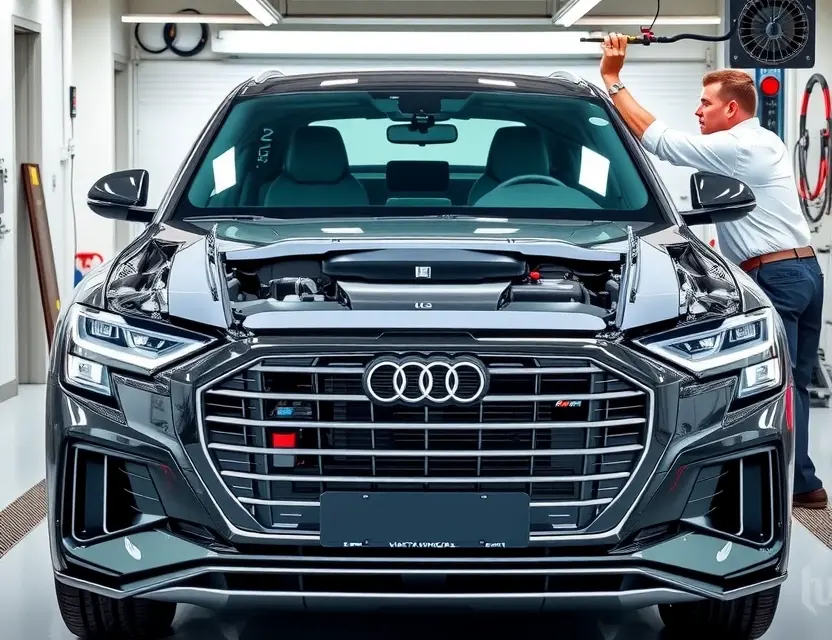 A high-quality, realistic image of an Audi Q8 in a professional auto repair shop with its front windshield removed, showing the exposed frame and a new windshield being carefully installed by a technician using specialized tools, clean and well-lit environment, no text or logos