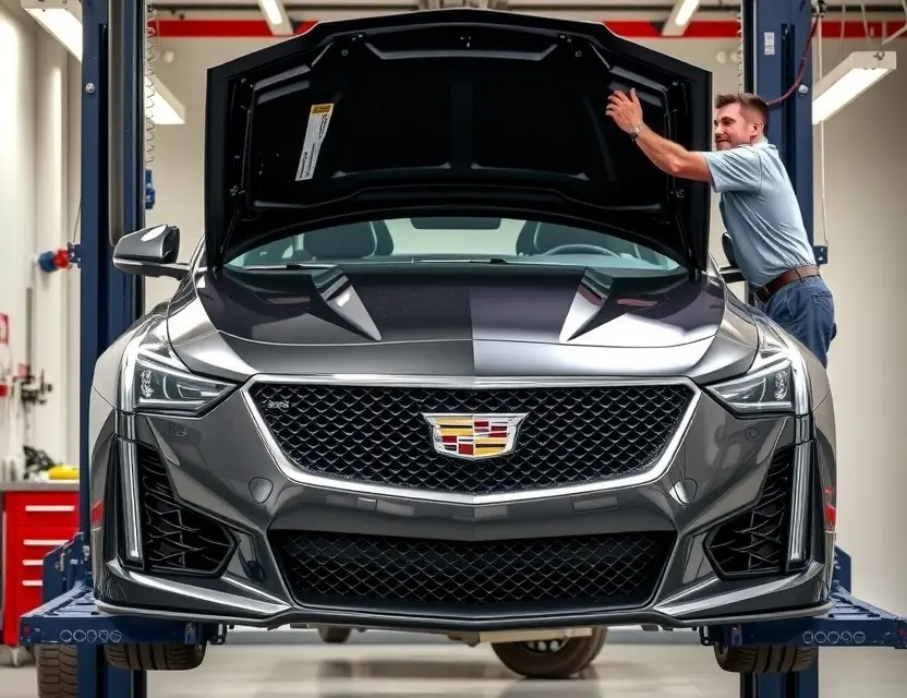 A high-quality, realistic photo of a Cadillac CT4 V Blackwing with its front windshield being replaced by a technician in a professional auto glass shop. The car is elevated on a lift, the old windshield is removed, and the new glass is being carefully installed. The scene is well-lit with clean, modern workshop surroundings, focusing on the precision of the installation process without any visible text or logos.