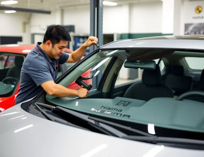 A car being serviced with a technician replacing the windshield of a Haima vehicle, showing professional tools and equipment, clean workshop environment, no text or logos visible