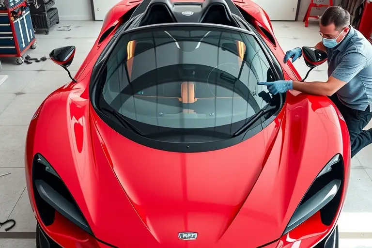 A high‑detail scene showing a sleek Apollo Intensa Emozione sports car with its front hood open, a new curved windshield being carefully positioned by a professional mechanic wearing gloves and a safety mask, tools and clean glass fragments on a spotless workshop floor, bright natural lighting highlighting the car's glossy red paint and the pristine new glass.