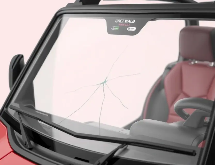 A close-up shot of a Great Wall Wingle 7 with a cracked windshield, showing the area where the windshield needs replacement. The background should be a clean, neutral color.