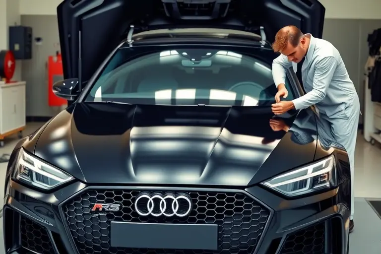 A professional automotive workshop scene showing a sleek black Audi RS6 (2019 model) with its front hood open, a technician in a clean uniform carefully removing the old windshield and installing a new one. The focus is on the car's distinctive front design, the glass panels, and the specialized tools and suction cups used for the windshield replacement. The background includes a well-lit garage with subtle reflections on the polished floor, emphasizing a high-quality, realistic automotive service environment.