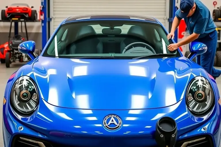 A detailed, realistic scene of an Alpine A110 1.8 Turbo (2017‑present) in a workshop, showing the front of the car with the windshield removed and a new windshield being installed by a mechanic using professional tools; focus on the car body lines, glass, and replacement process, with a clean, well‑lit garage background