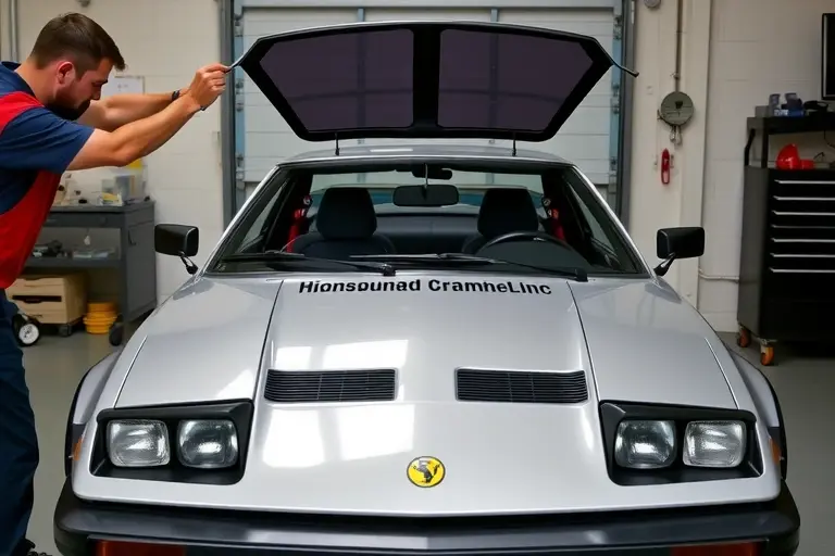 A skilled mechanic in a clean garage is carefully removing the old windshield and installing a new one on an Alpine GTA 2.5 V6 Turbo sports car from the 1980s. The focus is on the car's sleek front profile, the open cabin, and the hands holding glass and tools, highlighting the precision of the replacement process. The scene is realistic with natural lighting, showing the car's distinctive shape without any brand logos or text.