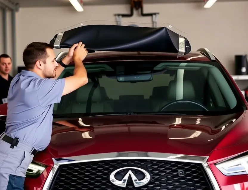 A professional mechanic replacing the windshield of an Infiniti QX60, showing the process of removing the old windshield and installing the new one, with the car in a well-lit garage or service center.