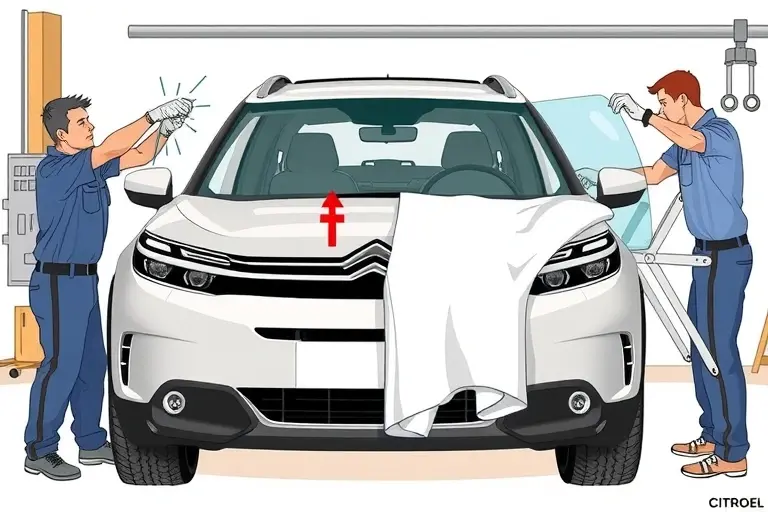 A detailed illustration of a mechanic replacing the windshield of a Citroën C5 Aircross 1.2 PureTech 130 hp, showing the car's front view, the old cracked glass being removed, the new clear glass being installed, with tools and a protective cover, all in a realistic style.