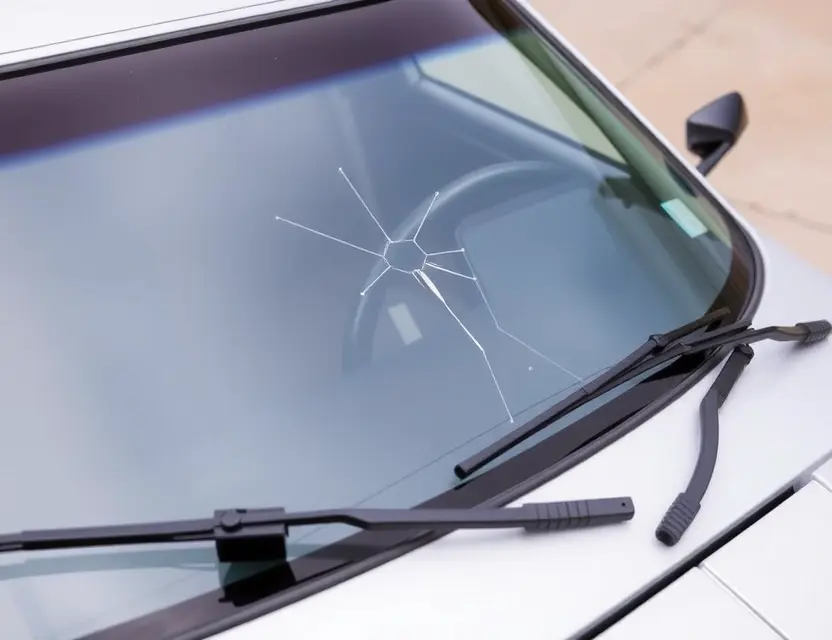 A close-up shot of a Bricklin SV 1 with a replaced windshield. The original windshield is cracked and being replaced with a new, clear windshield. The car is parked on a clean, slightly reflective surface. Focus on the replacement process and the contrast between the old and new glass.