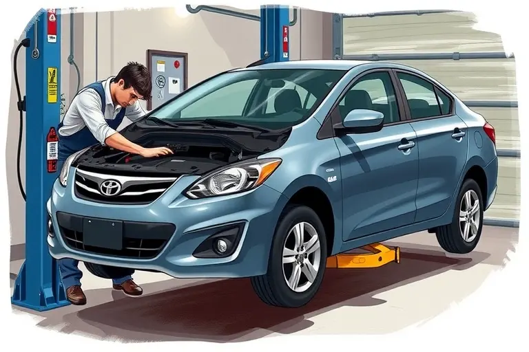 A detailed illustration of a mechanic replacing the windshield on a 2012 Coda Sedan with an electric 134 hp engine. The scene shows the car on a hydraulic lift, the old windshield being removed, a new windshield being installed, tools and safety gear visible. The background is a garage setting with subtle lighting. No text or lettering in the image.