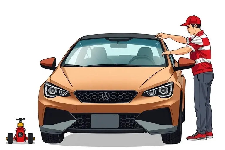 A detailed illustration of a mechanic replacing the windshield on a Jetour Dashing with a turbo engine, showing the car's front, the new windshield being installed, tools, and a clear view of the replacement process
