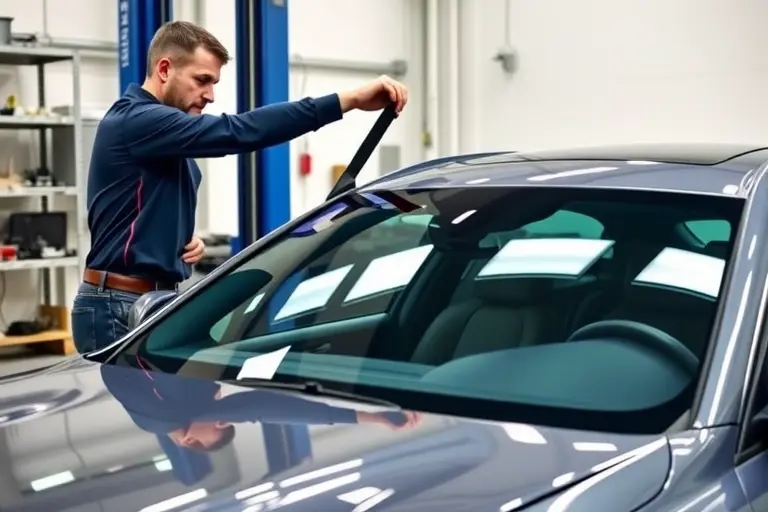 A professional mechanic carefully removing and installing a new windshield on a sleek Alpina D5 S sedan in a clean, well-lit workshop, with realistic tools and a focus on the car and glass