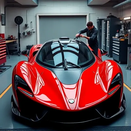 A sleek Apollo Intensa Emozione hypercar parked in a modern, well-lit automotive workshop, with a technician carefully installing a new windshield. The car's distinctive aerodynamic design and vibrant color are highlighted, with soft lighting emphasizing the glossy finish and the precision of the glass replacement process. The background features clean, organized tools and equipment, creating a professional atmosphere.