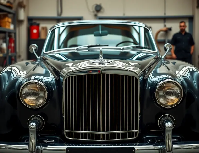 A pristine vintage Bentley 3 Litre parked in a professional automotive workshop, focusing on the front windshield area where a new high-quality glass is being installed, soft natural lighting highlighting the chrome grille and classic lines of the car, no people visible, clean background, photorealistic, 8k resolution