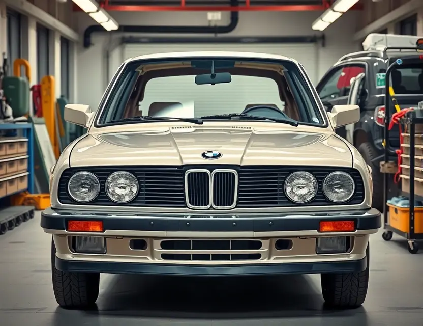 A high-quality, realistic photo of a classic BMW 3 Series (E21) sedan in a professional auto body shop, showing the front view with the windshield removed to reveal the empty frame, surrounded by automotive tools and safety equipment, clean lighting, sharp focus on the car body