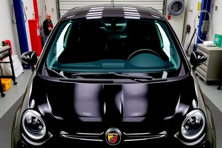 A close-up view of an Abarth Punto 1.4 MultiAir 165 hp (model years 2012 onward) in a clean workshop, with the front windshield being removed and a new glass panel positioned for installation. The car is centered, showing the open windshield frame, surrounding tools such as suction cups, a rubber mallet, and a protective sheet. The lighting is bright and professional, emphasizing the car's sleek lines and the detailed work on the windshield replacement.