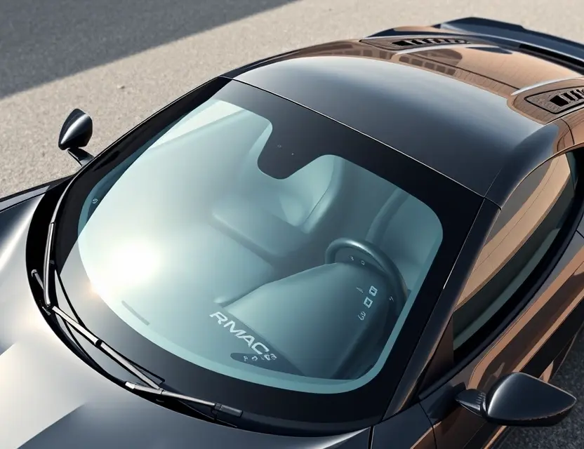 A Rimac Nevera with a replaced windshield, showcasing the new glass. The car is parked on a clean, bright asphalt surface. Focus on the sleek design of the car and the clarity of the windshield.