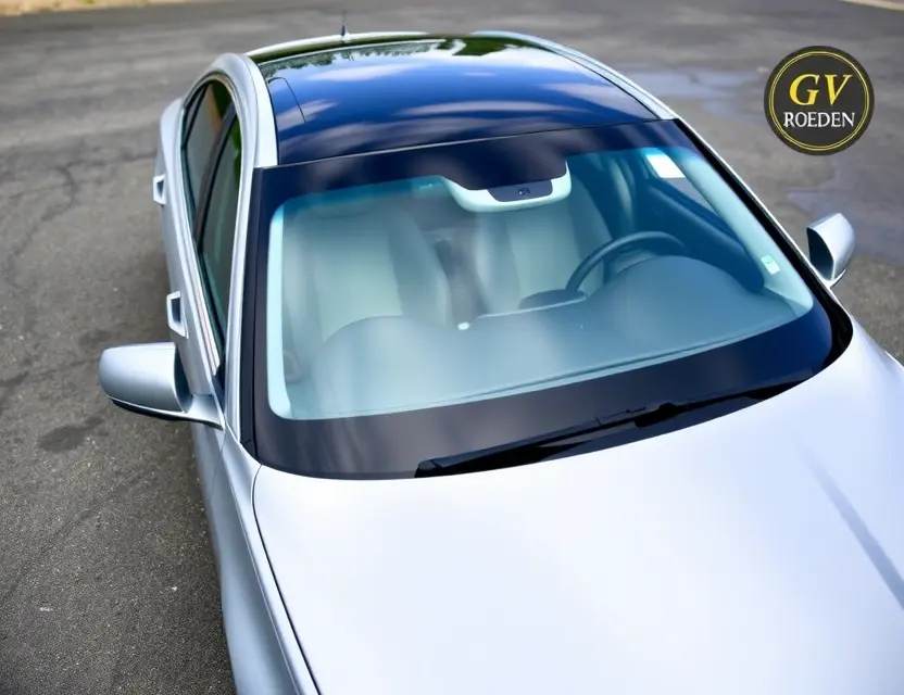 A high-quality image depicting a Genesis G80 with a replaced windshield. The car is parked outdoors on a clean asphalt surface. The replaced windshield is clearly visible, showing the new glass. The surrounding environment should be slightly blurred to emphasize the car.