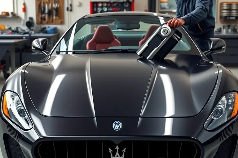 A high-resolution image of a Maserati GranTurismo Folgore in a workshop setting, showing the windshield being replaced with an electric tool. The car’s front is visible, the windshield is partially removed, and a technician in a protective jacket holds a specialized electric device. The background features workshop tools and a workbench, with focus on the windshield, the electric tool, and the car’s front.