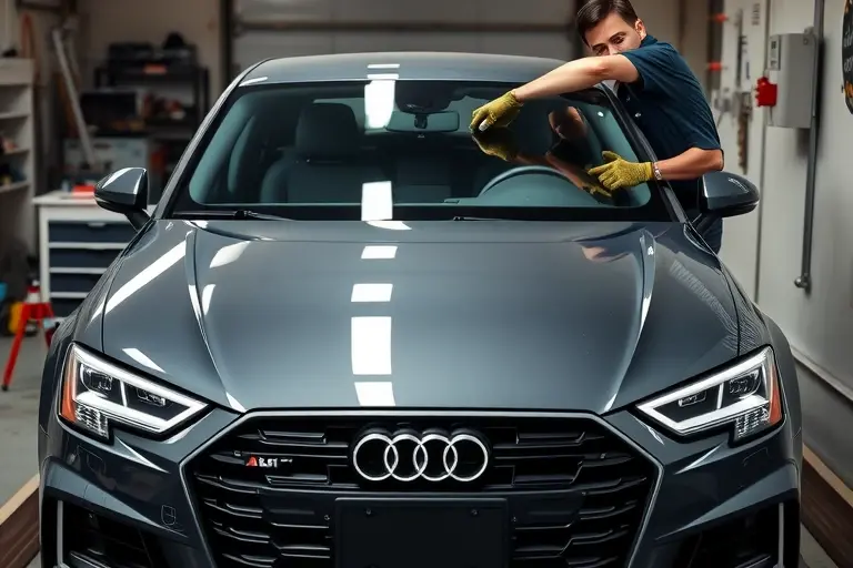 A detailed, realistic scene of an Audi A3 S3 (2019 model) in a professional garage, showing the front of the car with the windshield partially removed and a new windshield being installed by a mechanic using appropriate tools. Emphasize the car's sleek design, the clean workshop environment, and the focus on the windshield replacement process.