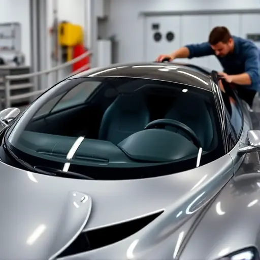 A high-quality close-up shot of a sleek, futuristic Aion Hyper SSR sports car with its windshield being carefully removed by a professional technician in a clean, well-lit auto glass workshop. The car features a glossy metallic finish and aerodynamic curves. The focus is on the precise action of windshield replacement, showing specialized tools and safety equipment, with a blurred background to emphasize the vehicle and the process.