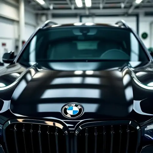 A professional close-up shot of a modern luxury BMW X5M Competition 2023 model in a high-end auto service center. The focus is on the front windshield area, showing a pristine, crystal-clear new glass installation. Soft studio lighting reflecting off the polished black paint and the glass, cinematic composition, hyper-realistic details of the car's chassis and the clean workshop environment in the background.