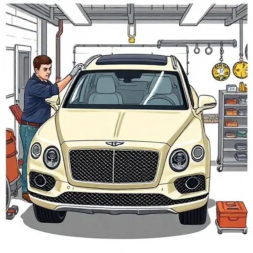 A detailed illustration of a mechanic replacing the windshield on a 2016 Bentley Bentayga 6.0 L W12 608 hp, showing the car in a workshop, the new windshield in place, tools and safety equipment, with a focus on the car's luxury design and the precision of the replacement process.