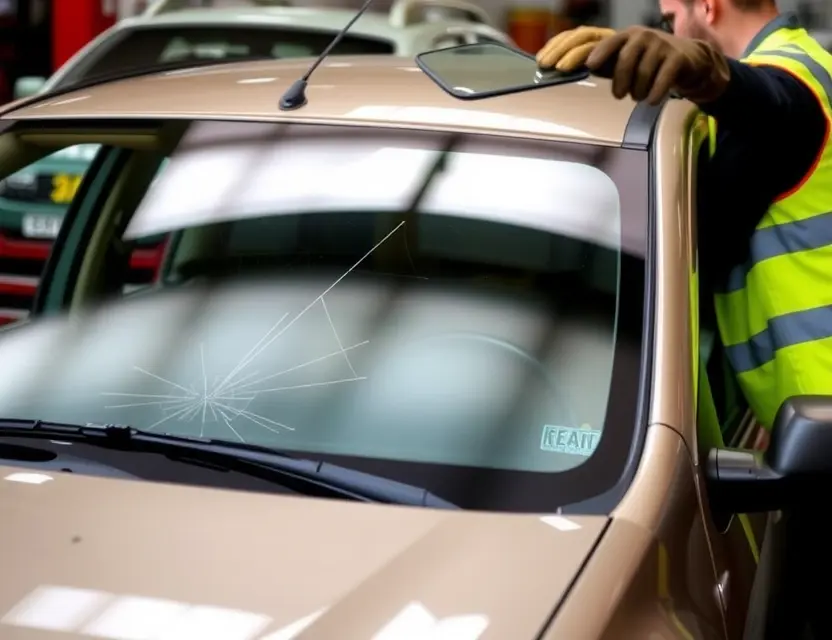 A Renault Duster with a cracked windshield being replaced by a mechanic. The mechanic is wearing a safety vest and gloves. The replacement windshield is being installed. The background shows a garage or workshop setting.
