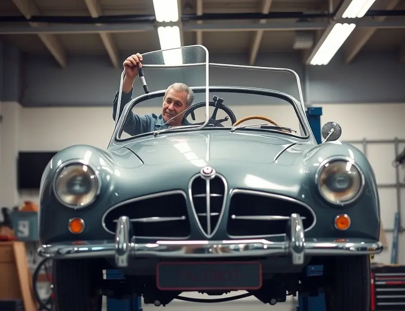 A mechanic is replacing the windshield of a classic Talbot car in a garage. The car is raised on a lift, and the mechanic is using tools to remove the old windshield and install a new one. Focus on the car's front end and the mechanic's hands working on the windshield. The garage should have typical automotive tools and equipment visible in the background.