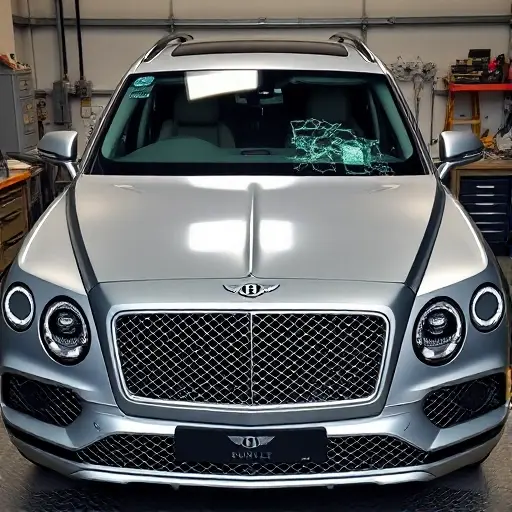 A close-up front view of a Bentley Bentayga V6 3.0 PHEV with a mechanic in a garage replacing its windshield. The image shows the car's front, the broken windshield removed, the new clear glass being fitted, tools and a workbench in the background. No text or lettering should appear.
