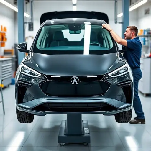 Замена лобового стекла Aion Y A clean, well-lit automotive workshop scene showing a technician carefully installing a new windshield on a modern Aion Y electric vehicle. The car is positioned on a lift with the old glass removed, highlighting the fresh adhesive and precise alignment. The focus is on the vehicle's front profile and the installation process, with a blurred background of organized tools and equipment. High-quality, realistic automotive photography.