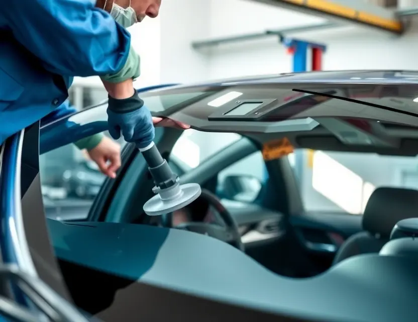 A close-up view of a mechanic replacing the windshield of a Peugeot 5008, showing the old glass being removed with suction tools, the new windshield being carefully positioned, and the vehicle's interior visible through the open frame, with focus on precision and automotive repair detail, natural daylight, clean garage environment