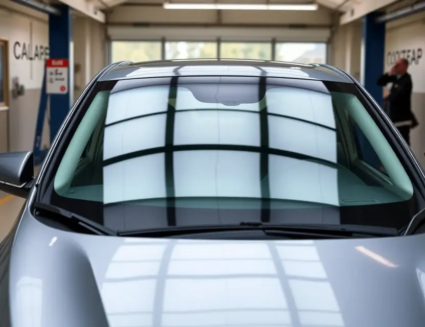 A modern Acura ZDX with a newly replaced windshield, clean and professional automotive service setting, natural daylight, no people, no text, no logos, high detail