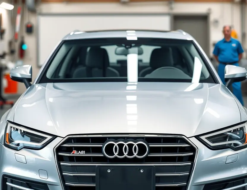 A high-quality, realistic close-up shot of a silver Audi A4 sedan in a professional auto repair shop, focusing on the front windshield area where the glass is being replaced. The image shows a new, clear windshield being carefully aligned by a technician wearing gloves, with the car's hood slightly open. The background features blurred automotive tools and a clean workshop environment, emphasizing the precision of the installation process without any visible text or logos.