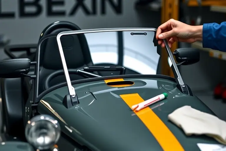 A detailed close-up of a Caterham Seven 620R car with a new windshield being installed. The image shows the front of the car, the glass panel, the mechanic's hands holding the glass, tools such as a suction cup and a cleaning cloth. The background is a garage setting with subtle lighting, no visible text or logos.
