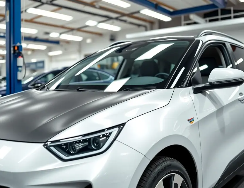 A modern AITO M7 car with a newly installed windshield, displayed in a clean, well-lit auto service center, showing the precision and professionalism of the replacement process, no people, no text, no logos