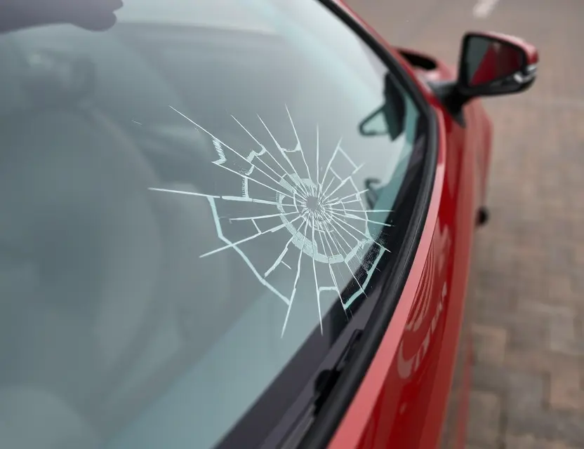 A close-up shot of a Ford Mondeo with a cracked windshield, showing the damage clearly. The car is parked on a clean, paved surface. Focus on the cracked area and the surrounding glass.