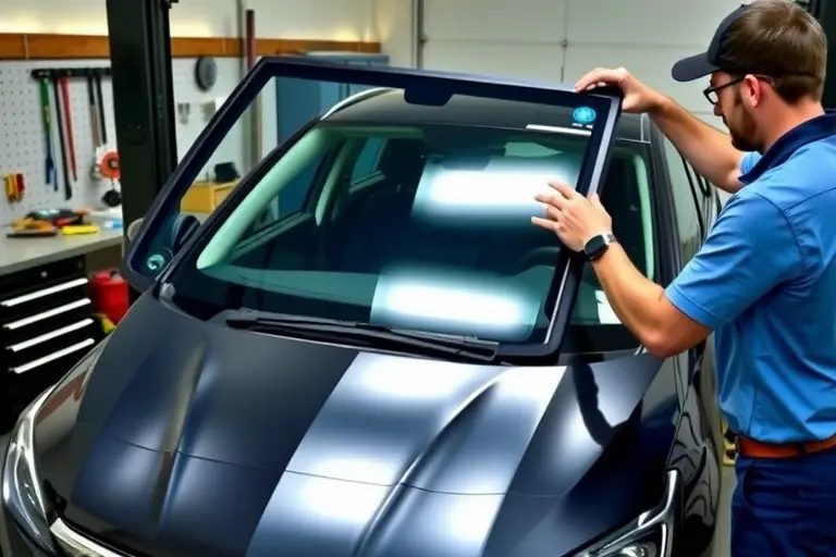 A detailed workshop scene showing a mechanic carefully installing a new windshield on an Opel Astra 1.2 Turbo 110 hp (2021 model). The car is positioned on a lift with the old windshield removed, and the mechanic is holding the new glass, aligning it with the frame. The background includes tools, a workbench, and a clear view of the car's front. The focus is on the precision of the replacement process, with emphasis on the glass, the car's hood, and the mechanic's hands.