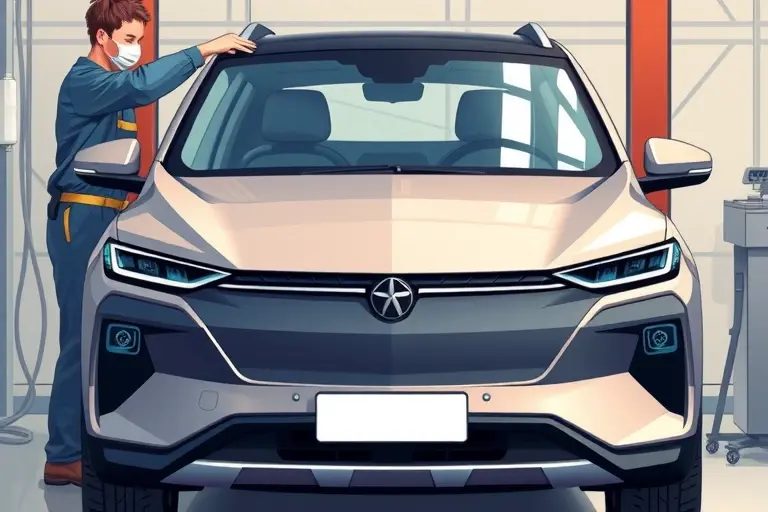 A detailed, realistic illustration of a mechanic replacing the windshield on a 2023 VinFast VF6 electric SUV with 204 horsepower. The focus is on the car's front view, showing the old windshield being removed and a new glass panel being installed, with tools and a clean workshop background. Emphasize the sleek design of the VF6, its distinctive front grille and headlights, and the precision of the replacement process.