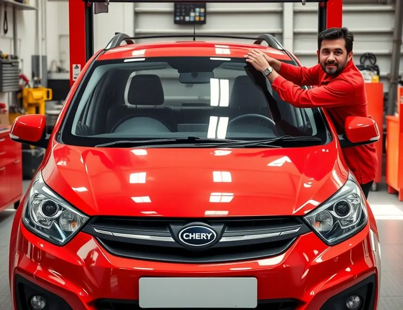 Замена лобового стекла Chery A high-quality, realistic photo of a Chery car with its windshield being replaced by a professional mechanic in a clean auto repair shop. The scene shows the front of the vehicle with the old glass removed and a new windshield being carefully installed. Tools and safety equipment are visible in the background. The lighting is bright and professional, highlighting the car's details and the precision of the work.