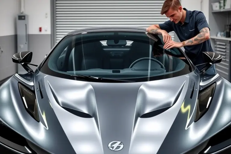 A high‑detail scene of a sleek Aion Hyper GT electric sports car (585 hp) in a modern garage, with a professional mechanic carefully removing the old windshield and installing a new one. The focus is on the car's front profile, the glass panels, and the tools used for the replacement, captured in realistic lighting and reflections.