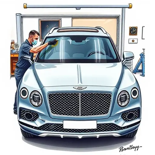 A detailed, high-resolution illustration of a mechanic replacing the windshield of a 2018 Bentley Bentayga 4.0 L V8 550 hp in a garage setting. The scene shows the Bentayga's front side with the old windshield removed, a new clear glass panel being fitted, the mechanic wearing protective gloves and a face mask, using a specialized windshield suction tool. The background includes a workbench with automotive tools, a car jack, and a neatly organized garage environment. The focus is on the precision of the replacement process, with emphasis on the sleek design of the Bentayga and the clear, reflective quality of the new glass.
