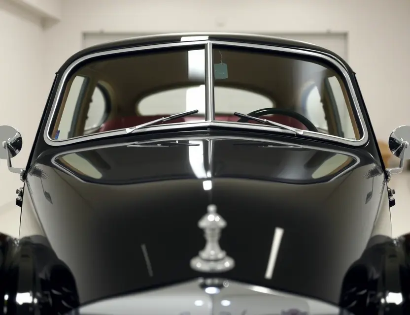 Замена лобового стекла Tucker A vintage Tucker automobile with a newly replaced windshield, viewed from the front at a slight angle, showing the curved glass clearly, in a clean garage setting with soft lighting, no people, no text, no logos