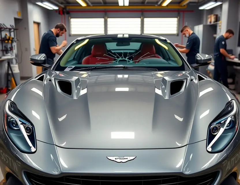 A high-quality image of an Aston Martin DBS Sup with a cracked front windshield being replaced, showing a professional auto glass repair shop environment with technicians working on the car, realistic lighting, detailed car exterior, no text or numbers on the image, no logos or brand markings on the glass, no people visible except for technicians in uniforms