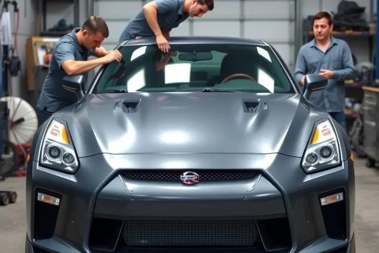 A mechanic in a garage replacing the windshield of a Nissan GT‑R 3.8 V6 Twin Turbo 600 hp, showing the car’s front with the old windshield removed and a new one being installed, tools and a clean, focused setting