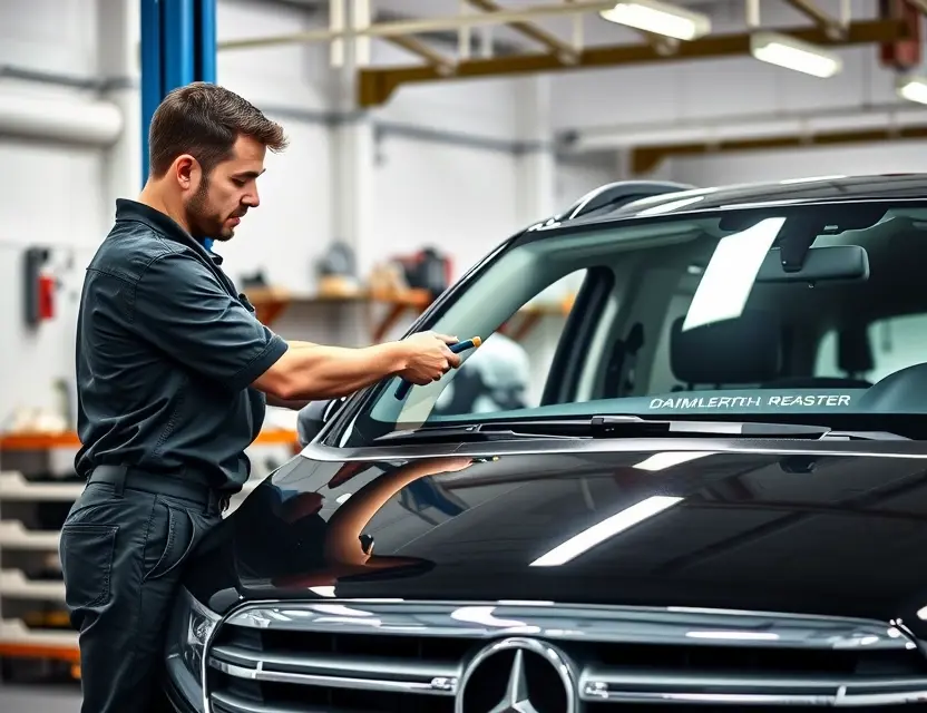 A professional automotive technician replacing a windshield on a Daimler vehicle, using specialized tools, in a well-lit garage with clean work environment, no text or labels visible