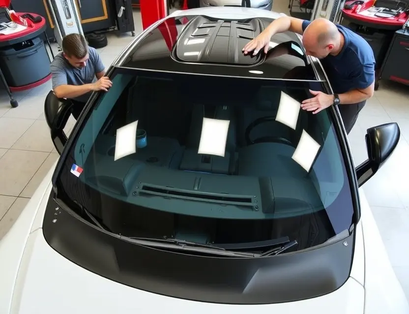 A high-quality image depicting the process of replacing a windshield on a Toyota GR Supra. The image should show a mechanic working on the car, with the old windshield being removed and the new one being installed. Focus on the details of the replacement process, showcasing tools and equipment. The car should be clean and well-lit, emphasizing the sleek design of the GR Supra.