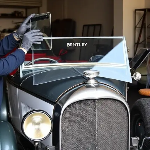 A vintage Bentley 3 Litre 3.0 L R4 70 hp (1921–19) with its windshield being replaced. Show the car in a workshop setting, the old windshield removed, a mechanic in work gloves holding a new glass panel, tools such as a glass cutter and suction cups, the car's body visible, no text or numbers, no modern vehicles